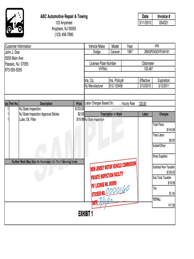 Sample of Printable Towing Receipt Template