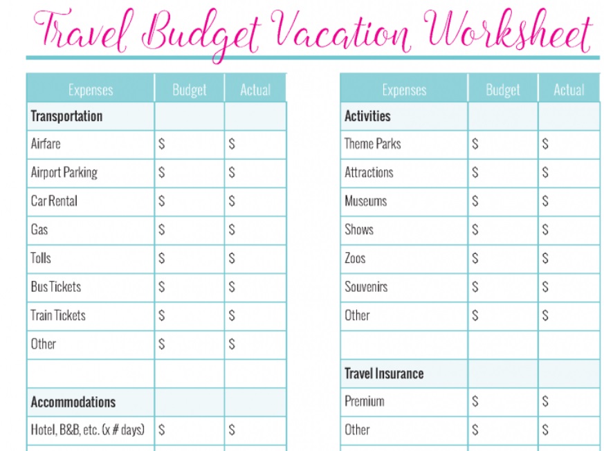 Sample of Printable Vacation Cost Planner Template