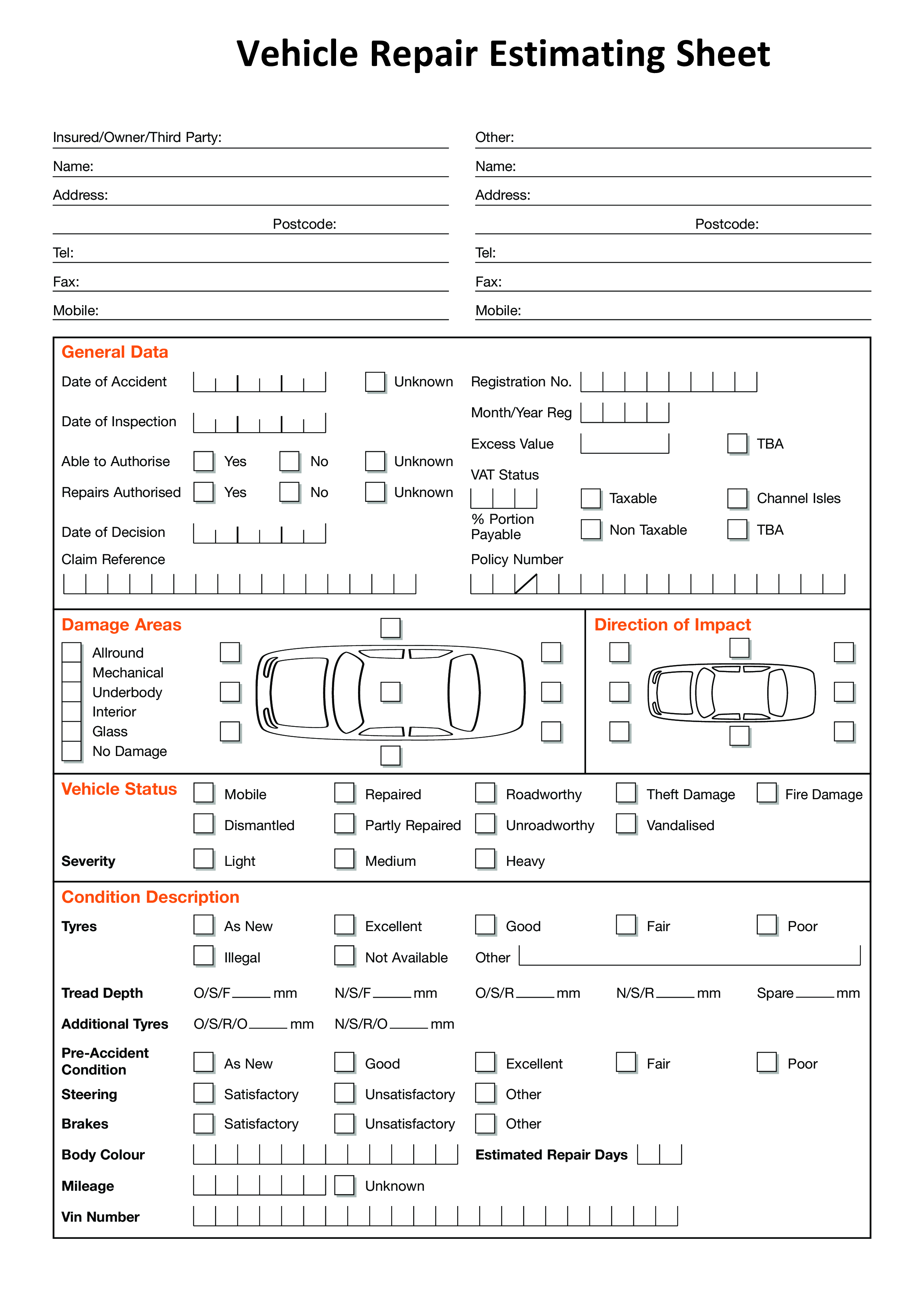 Sample of Printable Vehicle Repair Estimate Template