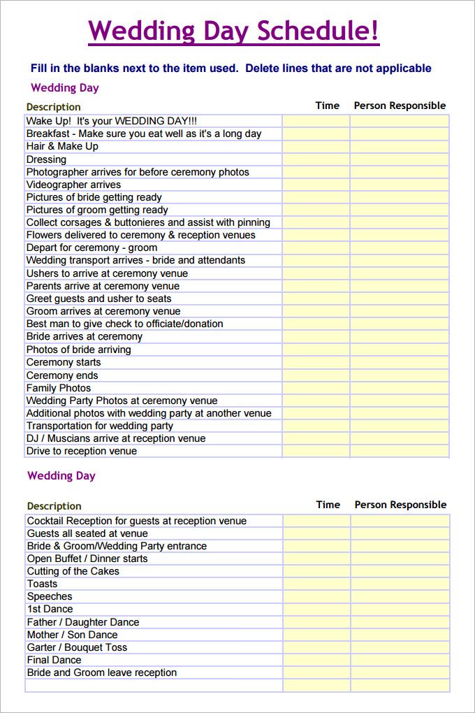 Sample of Printable Wedding Schedule Template