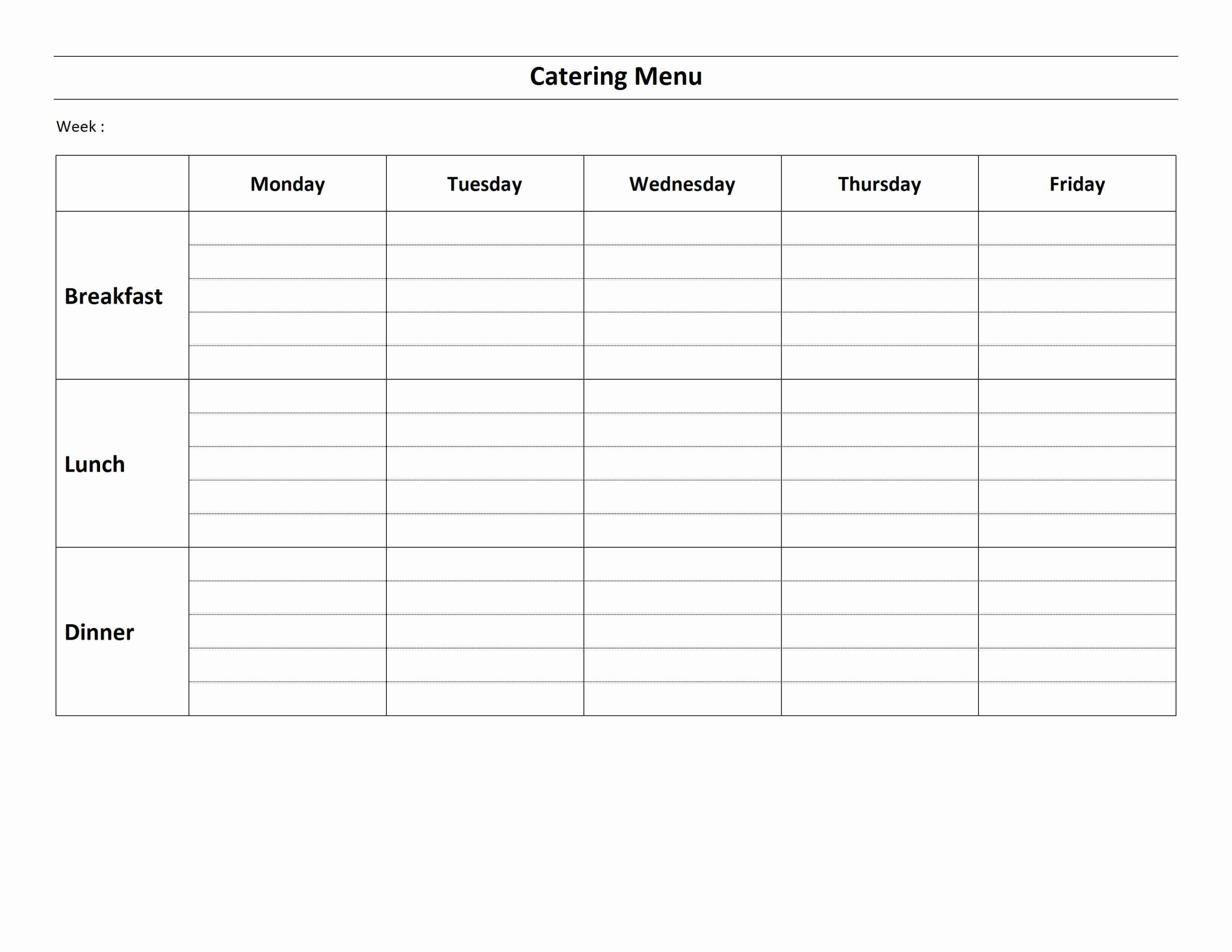 Sample of Printable Weekly Catering Menu Template