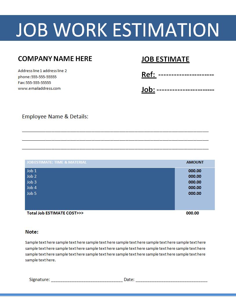 Sample of Printable Work Estimate Template