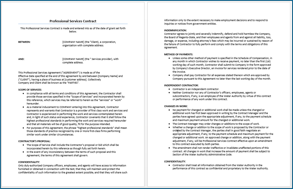 Sample of Professional Services Agreement Template