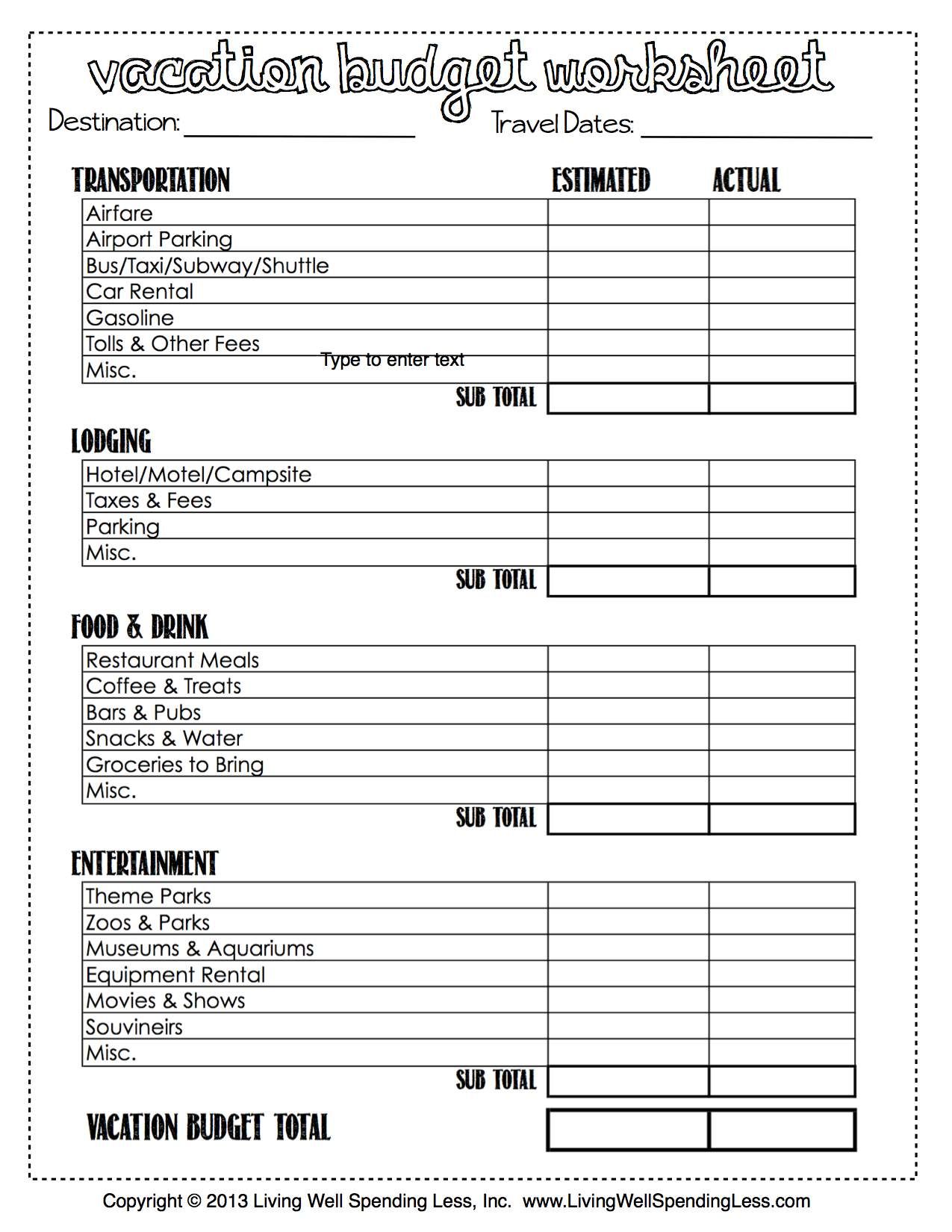 Sample of Recreational Activity Budget Worksheet Template