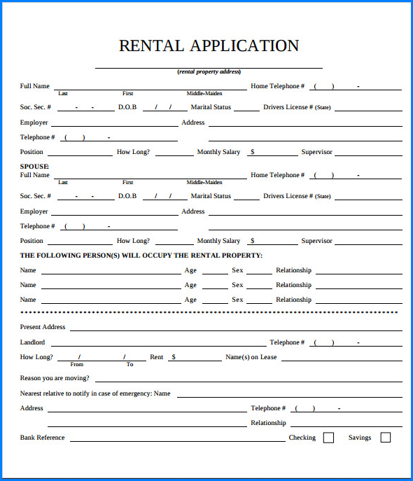 Sample of Rental Application Form