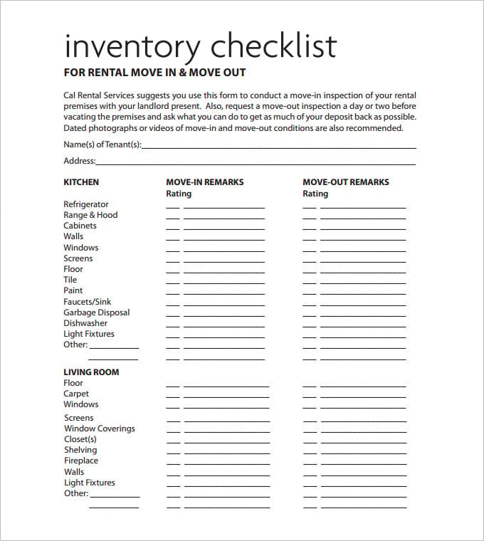 Sample of Rental Inventory Checklist Template