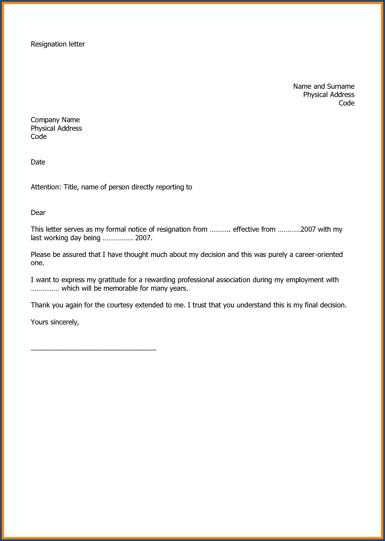 Sample of Resignation Letter For Job