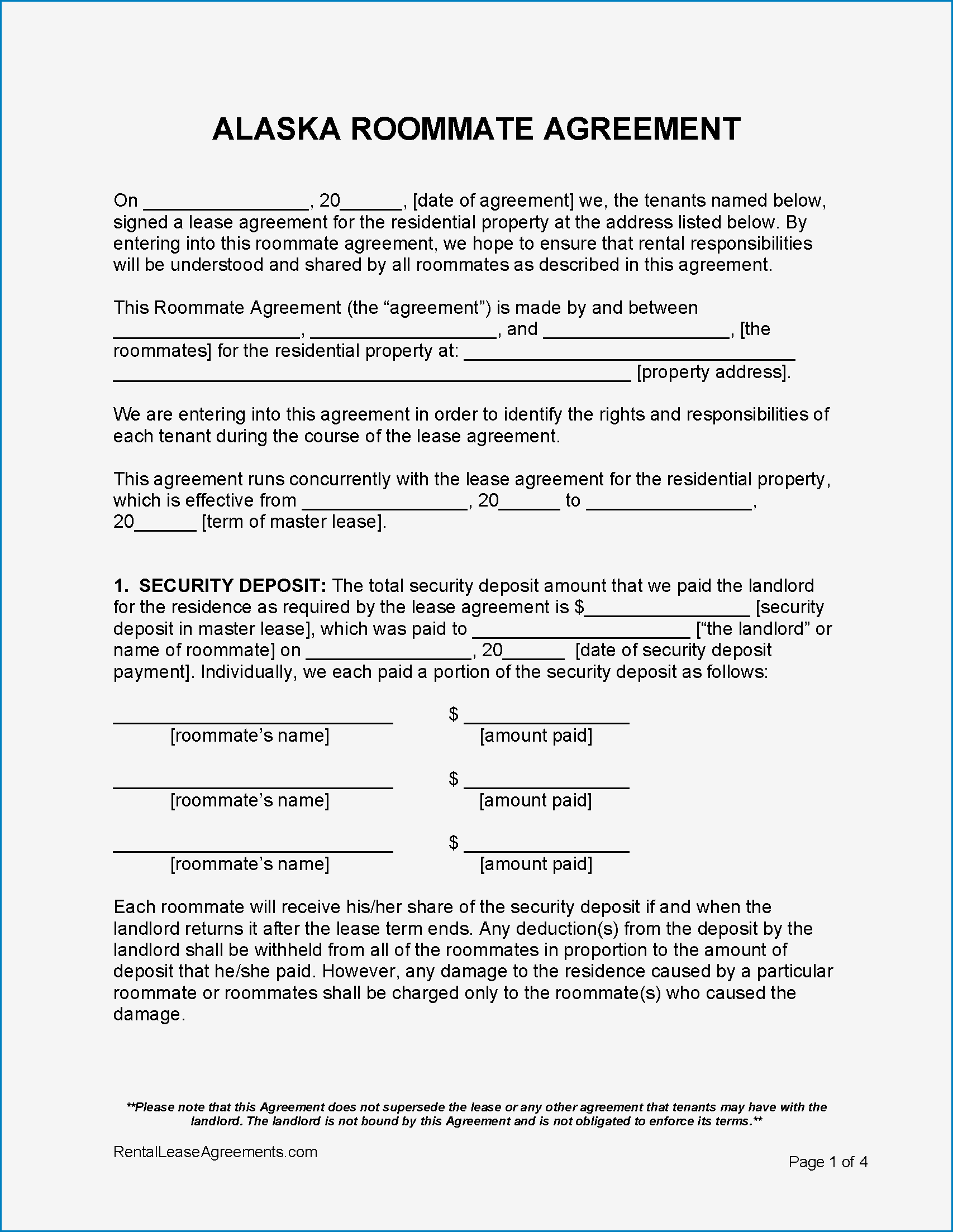 Sample of Roommate Agreement Template