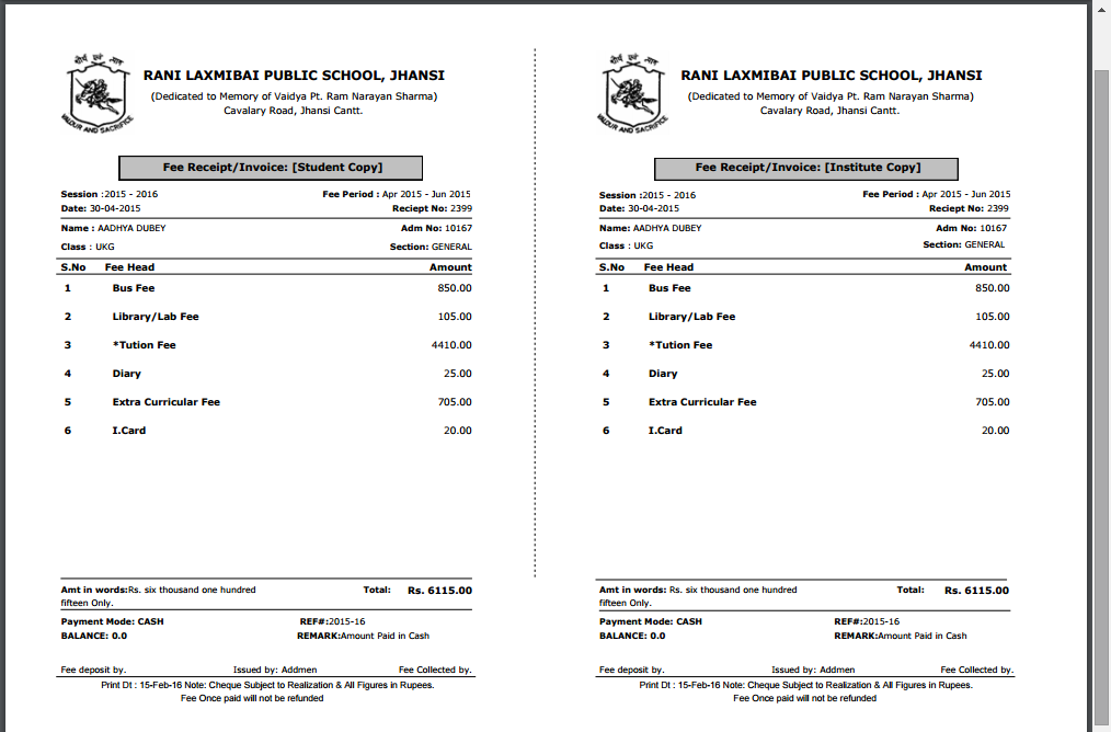 Sample of School Fee Book Format Template