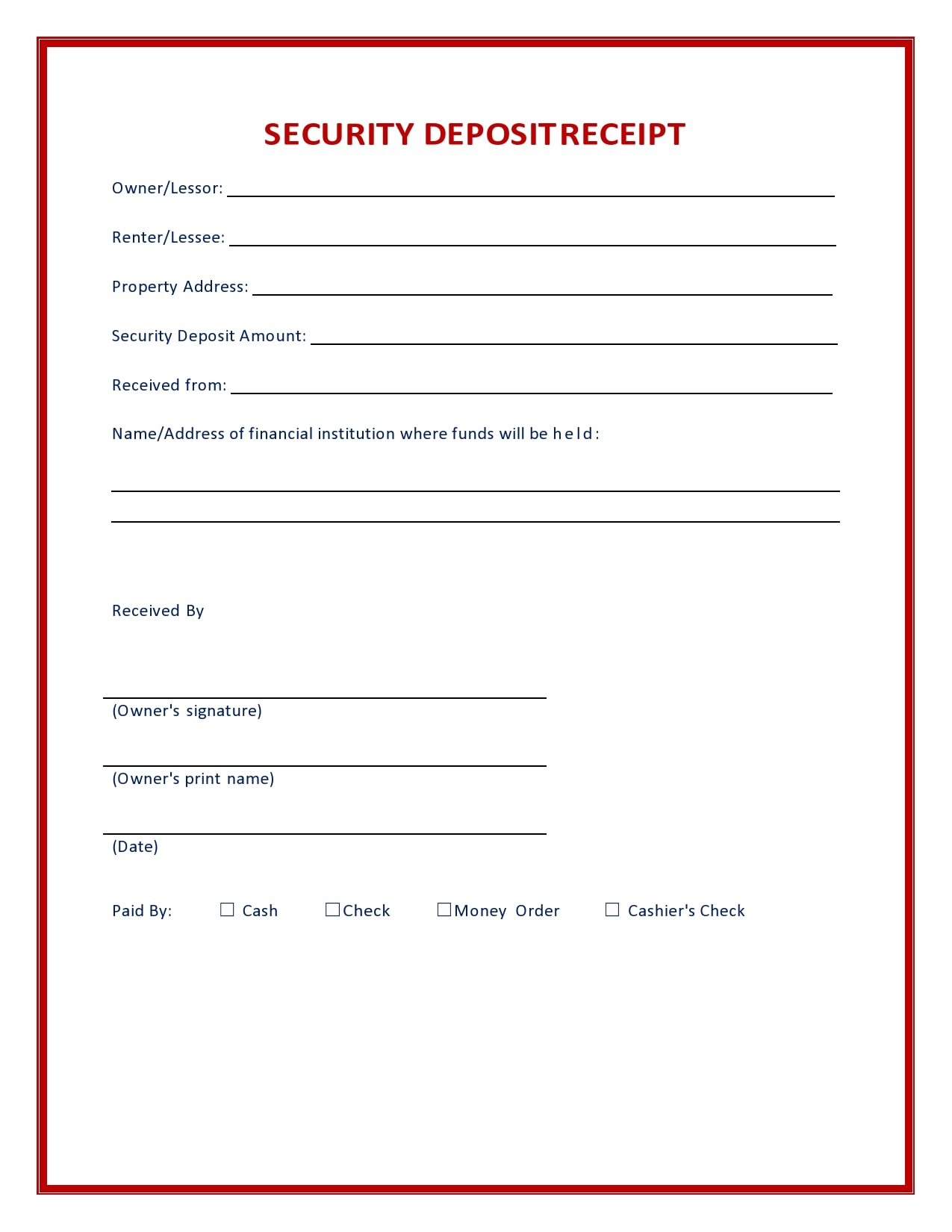 Sample of Security Deposit Receipt Template