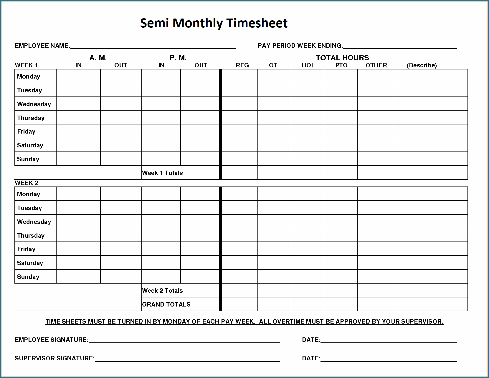 Sample of Semi Monthly Timesheet Template