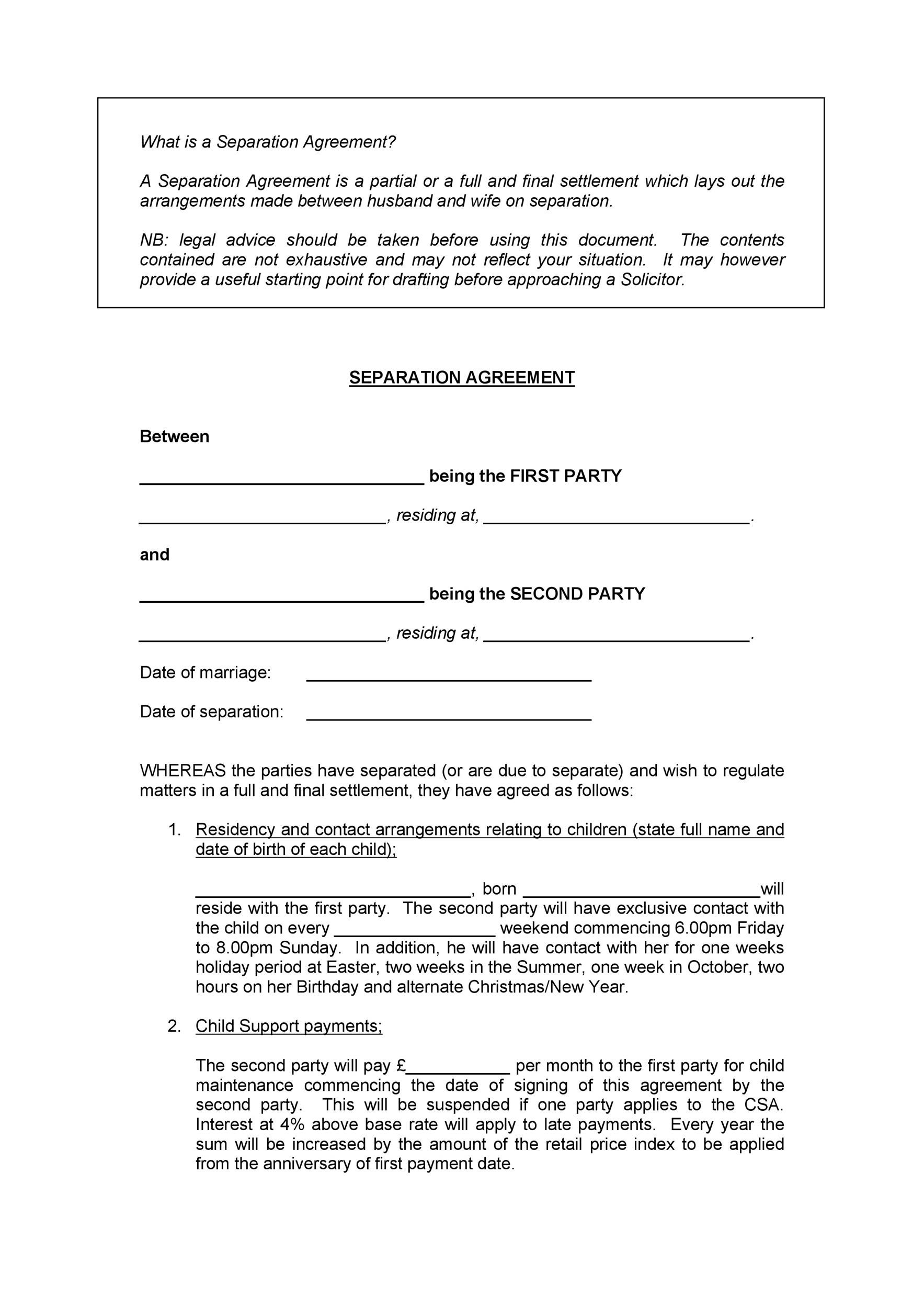 Sample of Separation Agreement Template