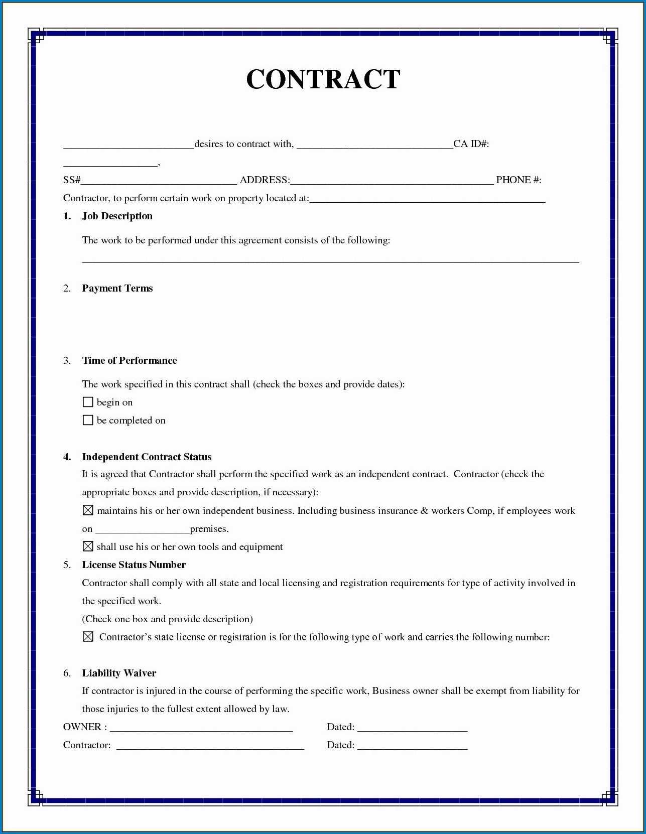  Free Printable Simple Contractor Agreement Template