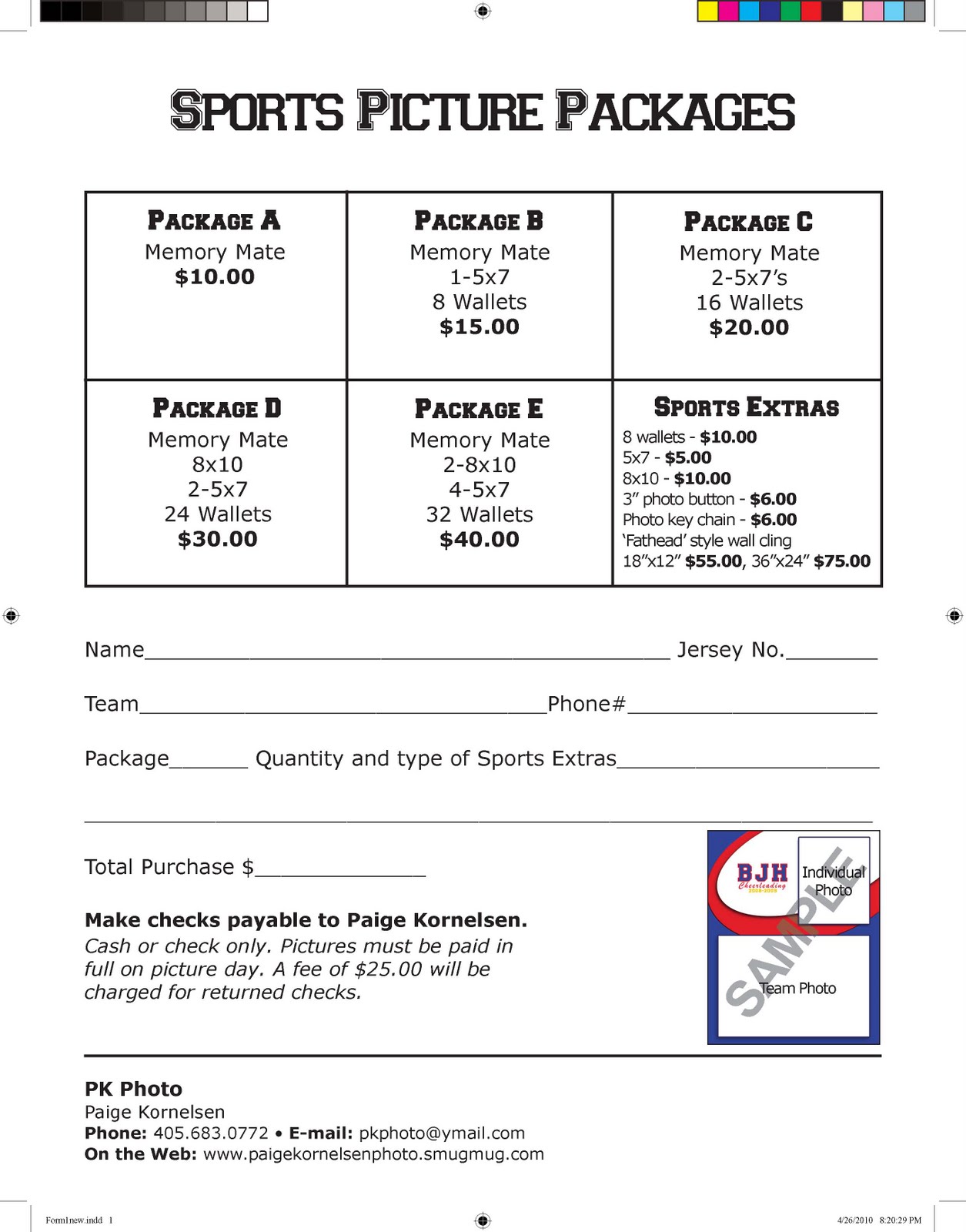 Sample of Sports Photography Price List Template