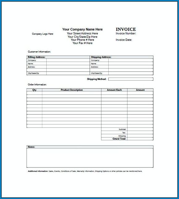 Sample of Standard Invoice Template