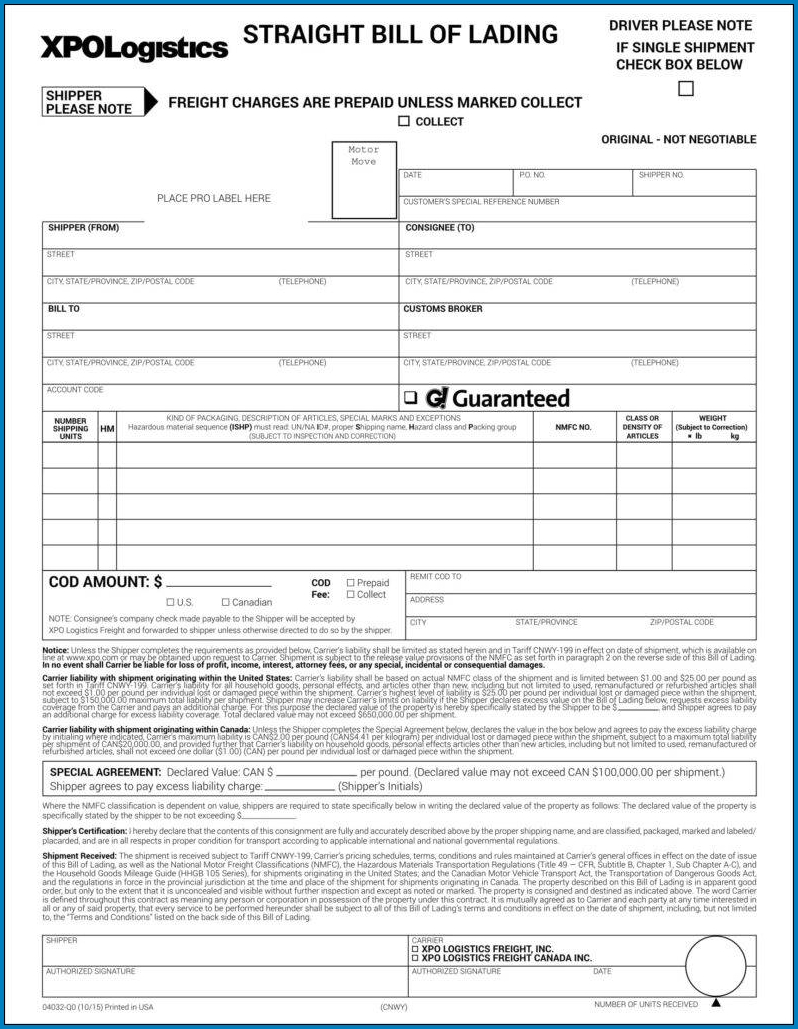 Sample of Straight Bill Of Lading Form