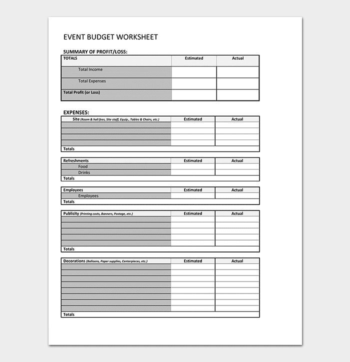 Sample of Summer Party Budget Worksheet Template