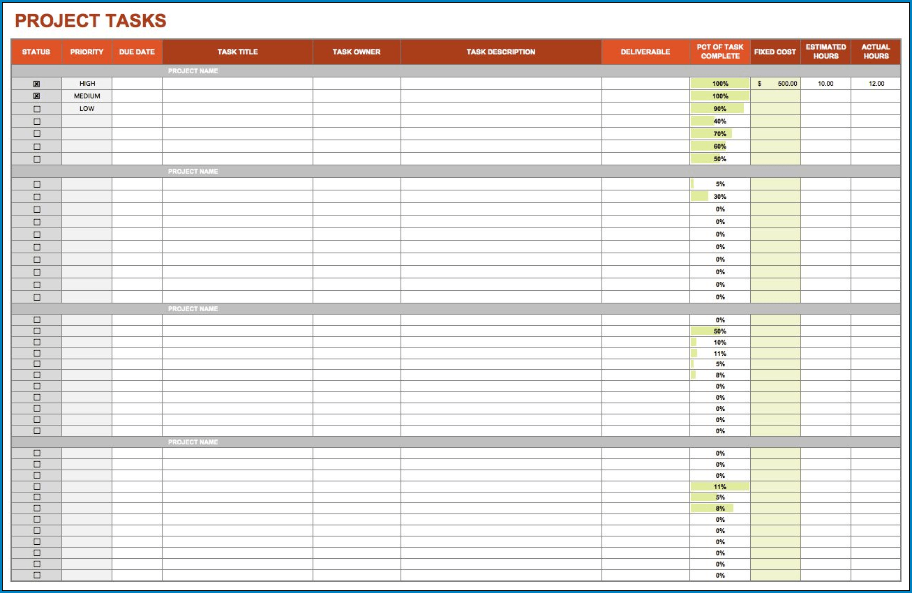 Sample of Task List Template For Project Management