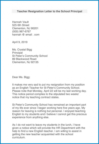 √ Teacher Resignation Letter Template