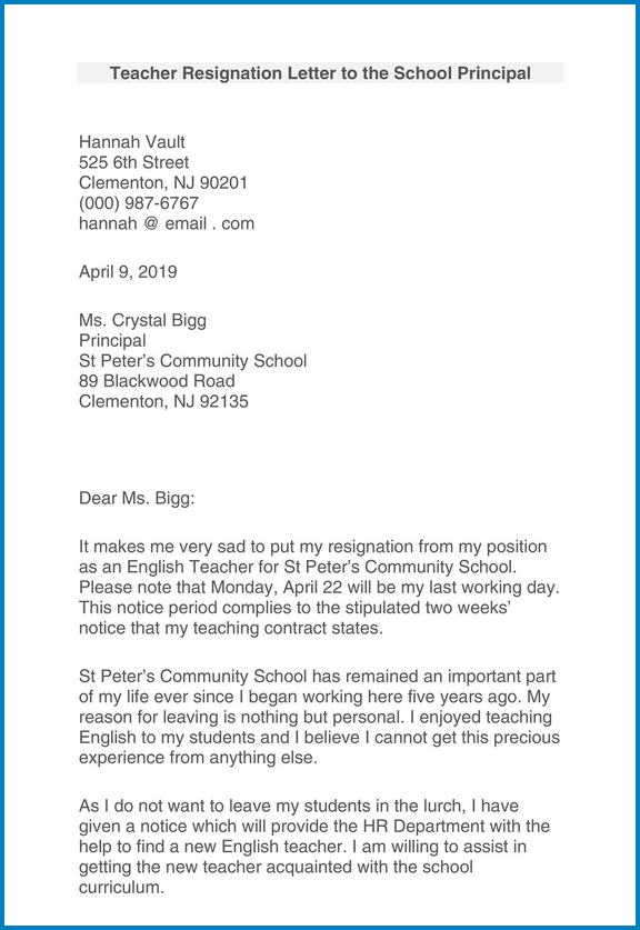 Sample of Teacher Resignation Letter Template