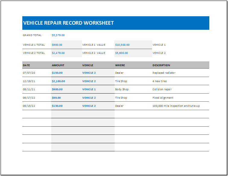 Sample of Vehicle Repair Record Worksheet Template