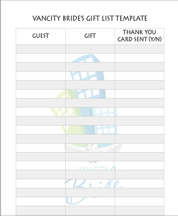 Sample of Wedding Gift List Template