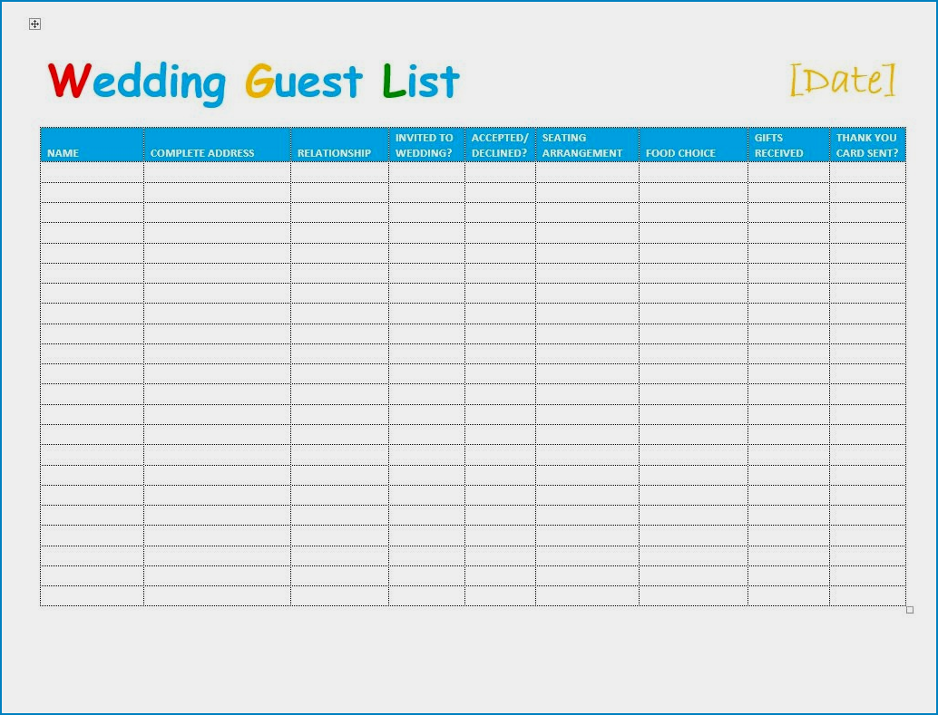 Sample of Wedding Guest List Template