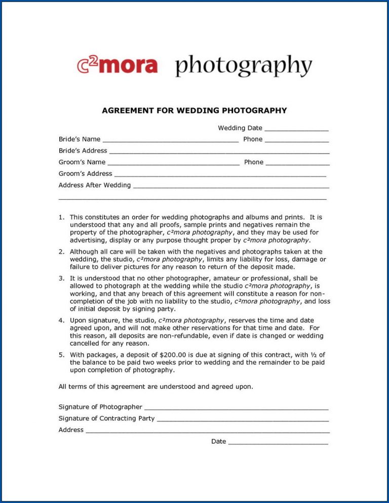 Sample Of Wedding Photography Contract Template Templateral