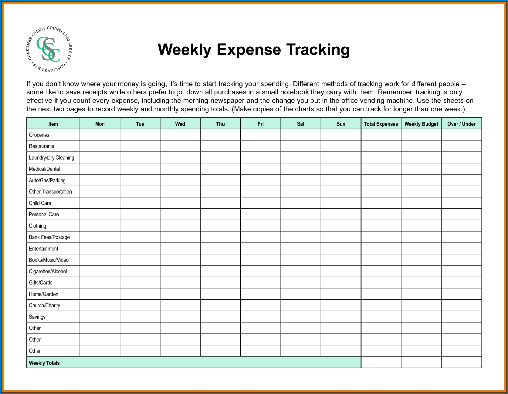 Sample of Weekly Budget Template