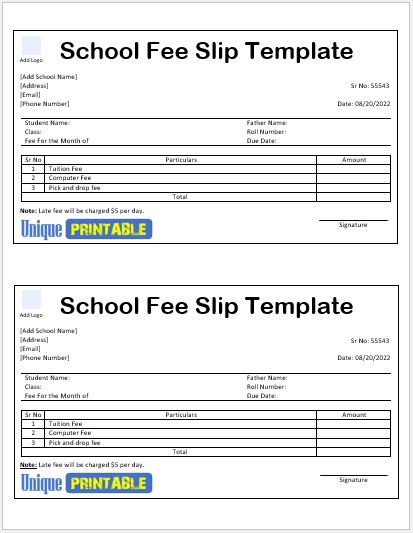 School Fee Book Format Template Example