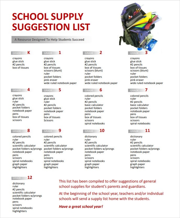 School Supply Suggestion List Template