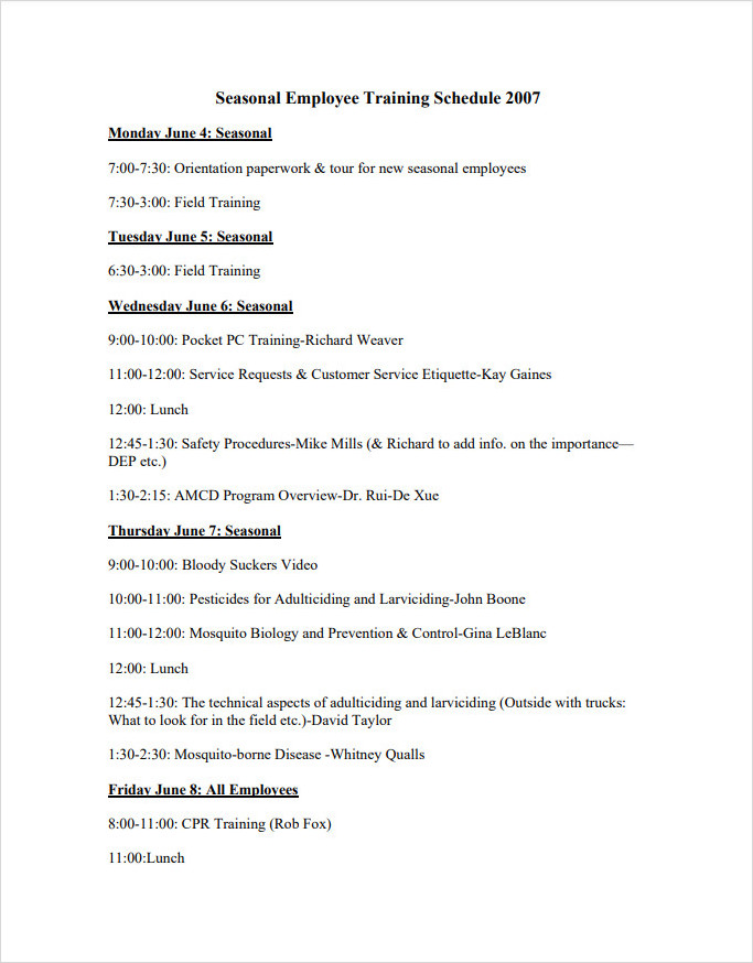 Seasonal Employee Training Schedule Template