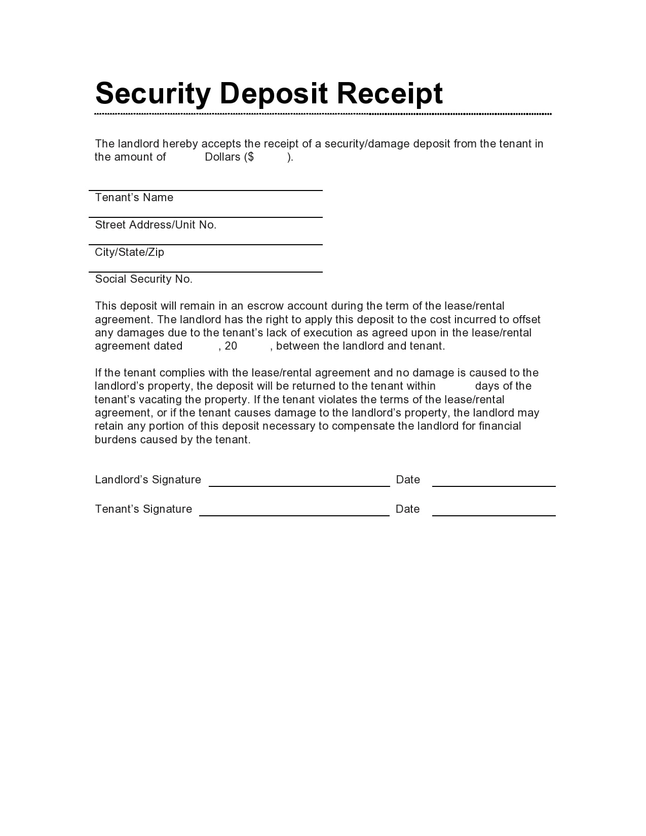 Security Deposit Receipt Template Example