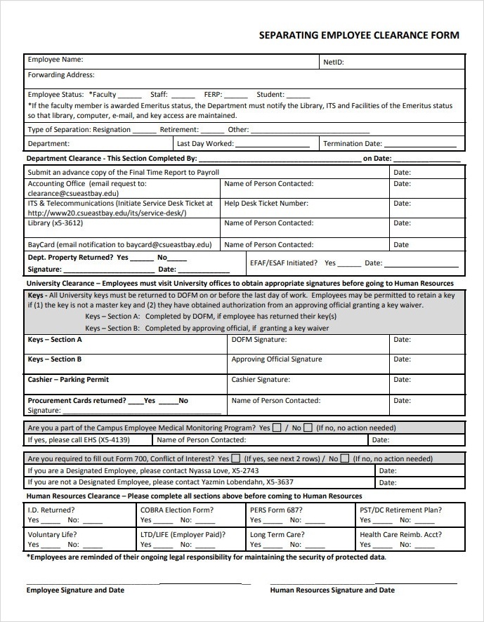 Separating Employee Clearance Form