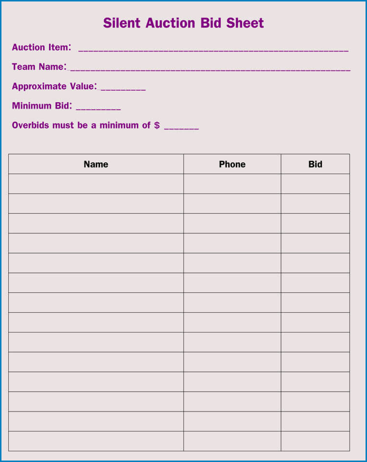 Silent Auction Bid Sheet Template Example