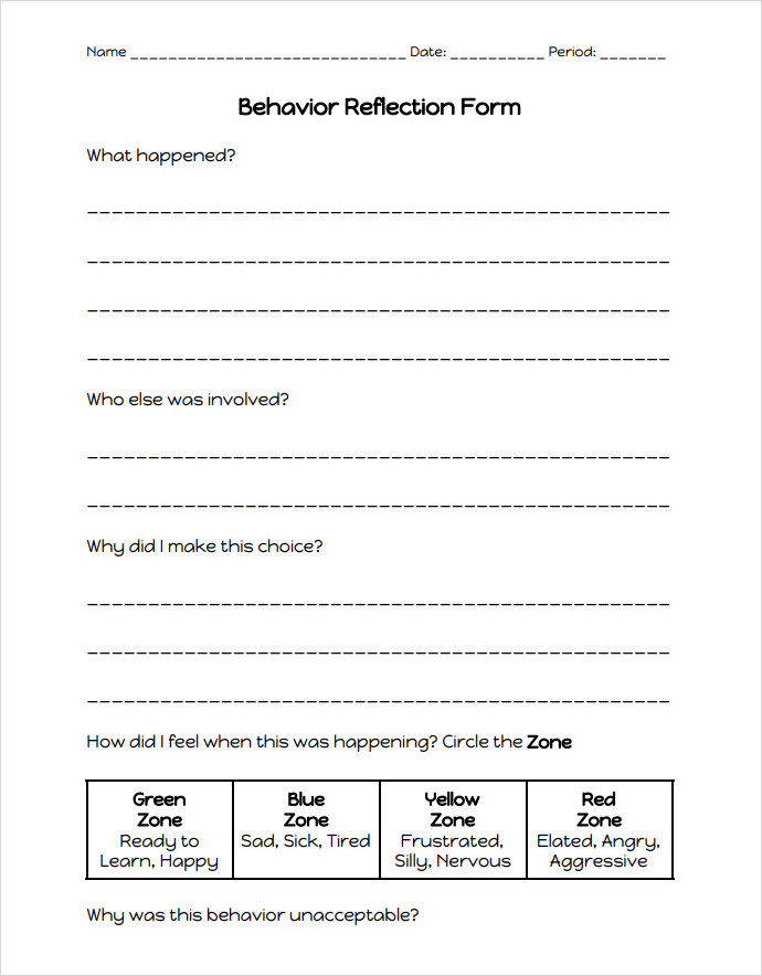 Simple Behavior Reflection Sheet Template