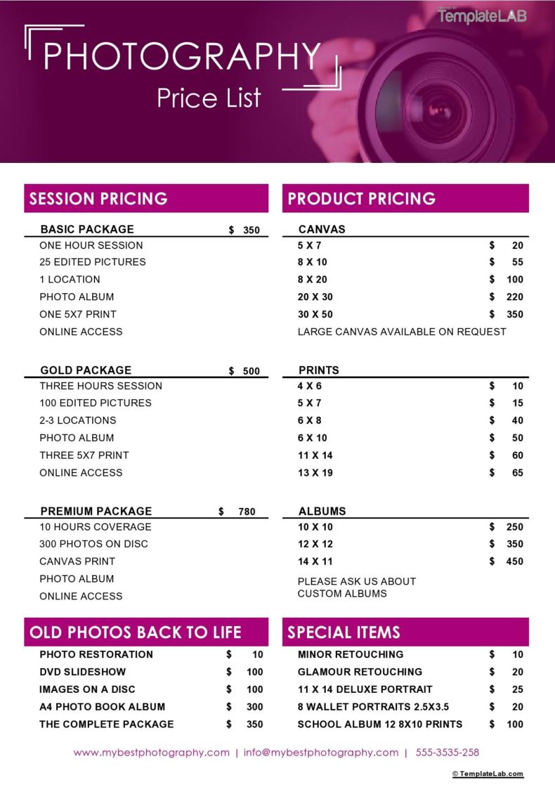 Sports Photography Price List Template Example