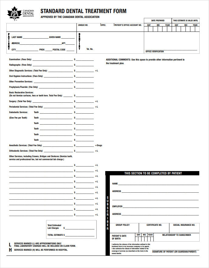 Standard Dental Treatment Form