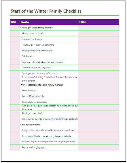 Start Of The Winter Family Checklist Template