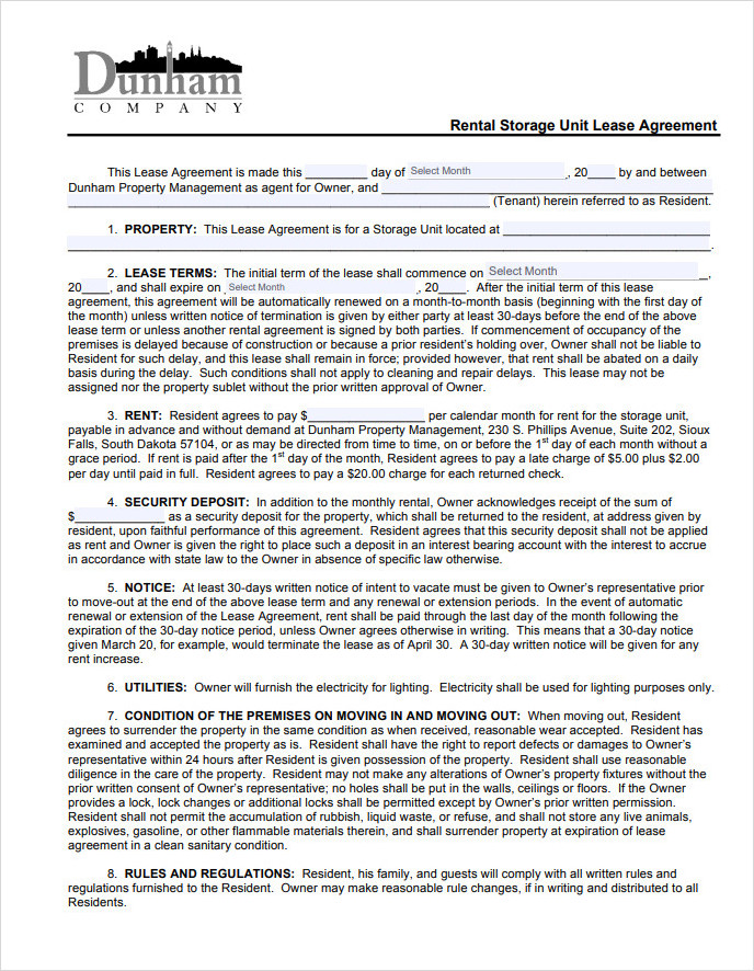 Storage Garage Lease Agreement Template