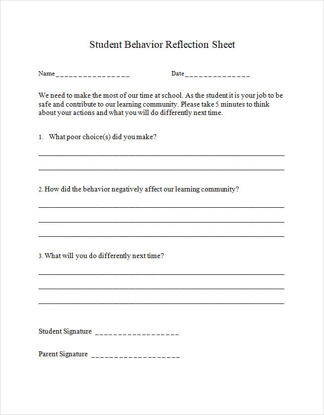 Student Behavior Reflection Sheet