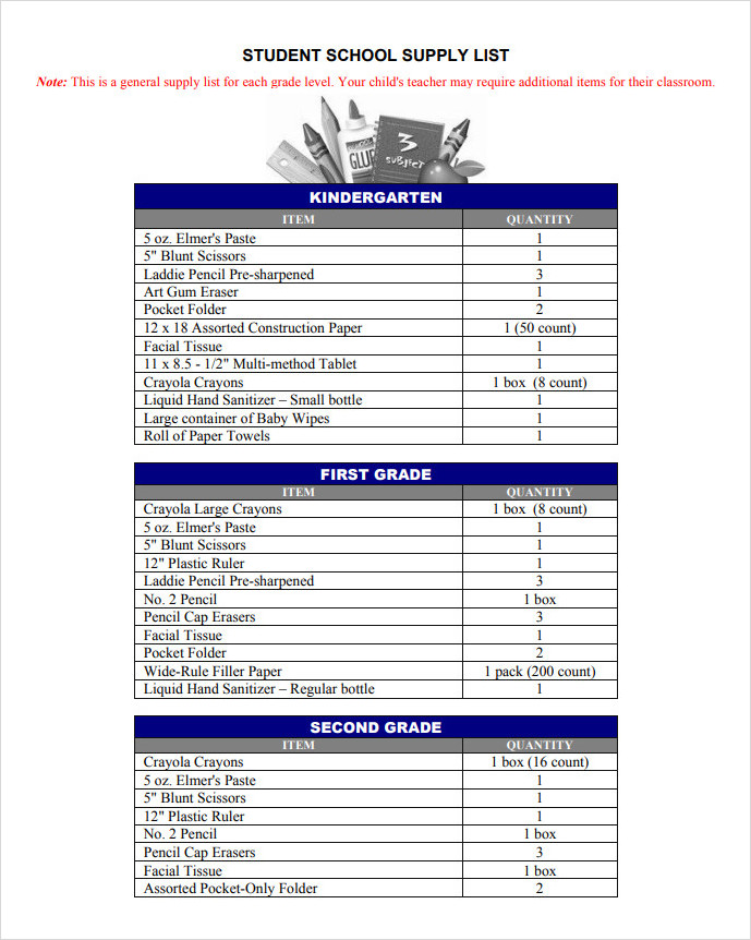 Student School Supply List Template