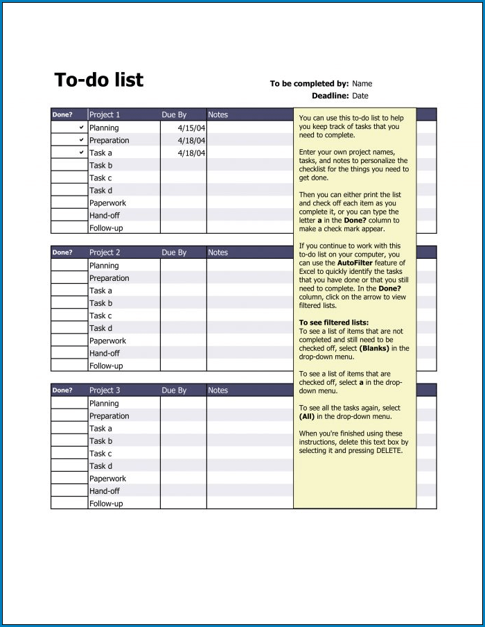 Task List Template For Project Management Sample