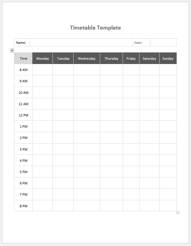 Free Printable Timetable Template