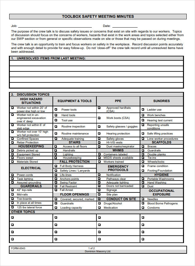 Toolbox Safety Meeting Minutes Template