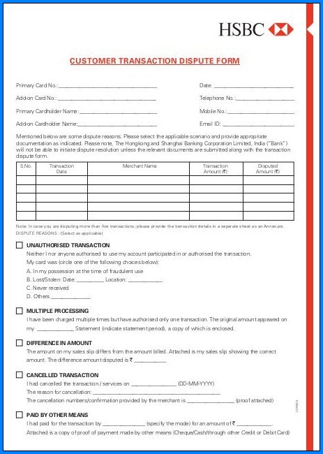 Transaction Dispute Form Sample