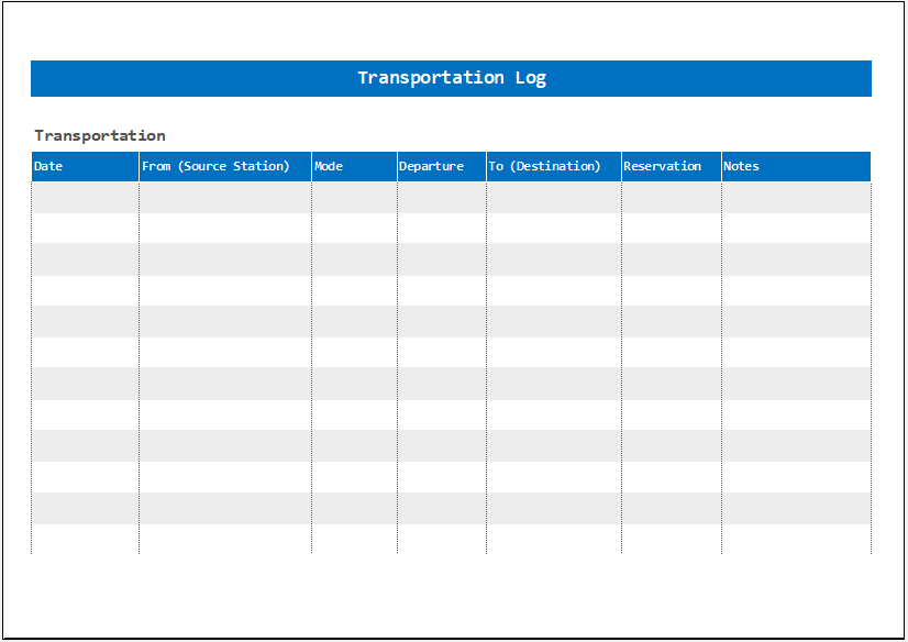 Transportation Log Template Sample