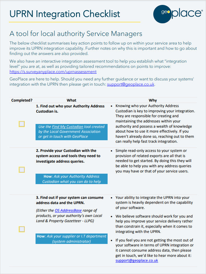 UPRN Integration Checklist Template