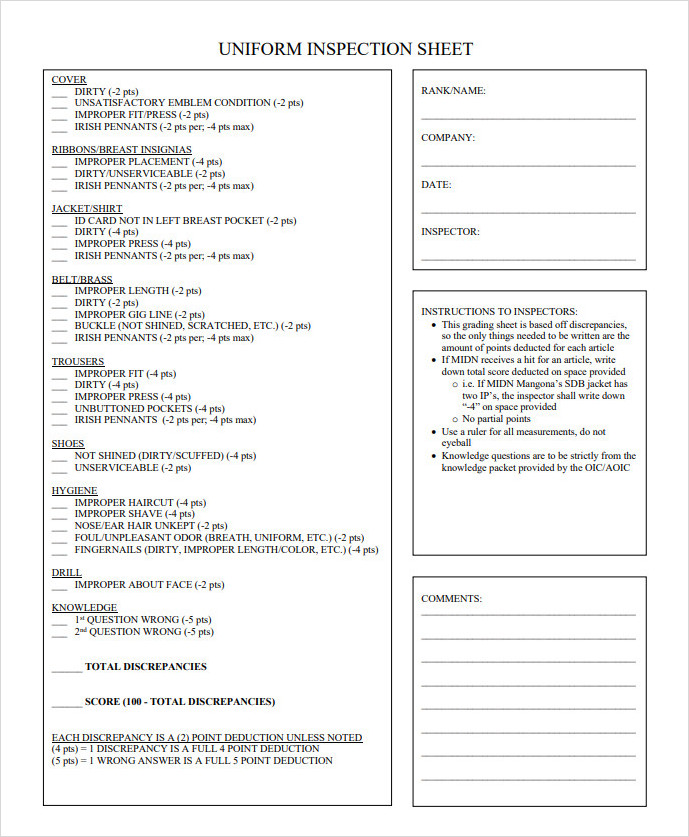 Uniform Inspection Sheet Template