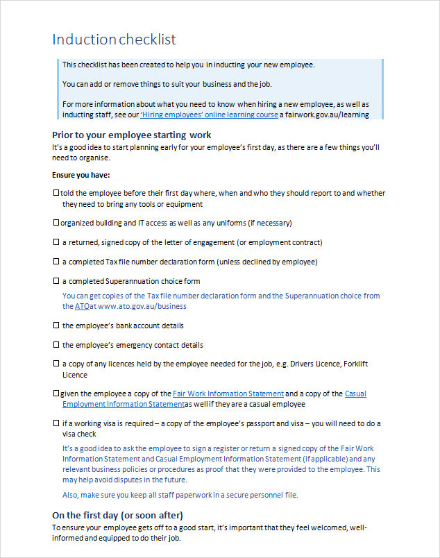 Uniforms Induction Checklist Template Word